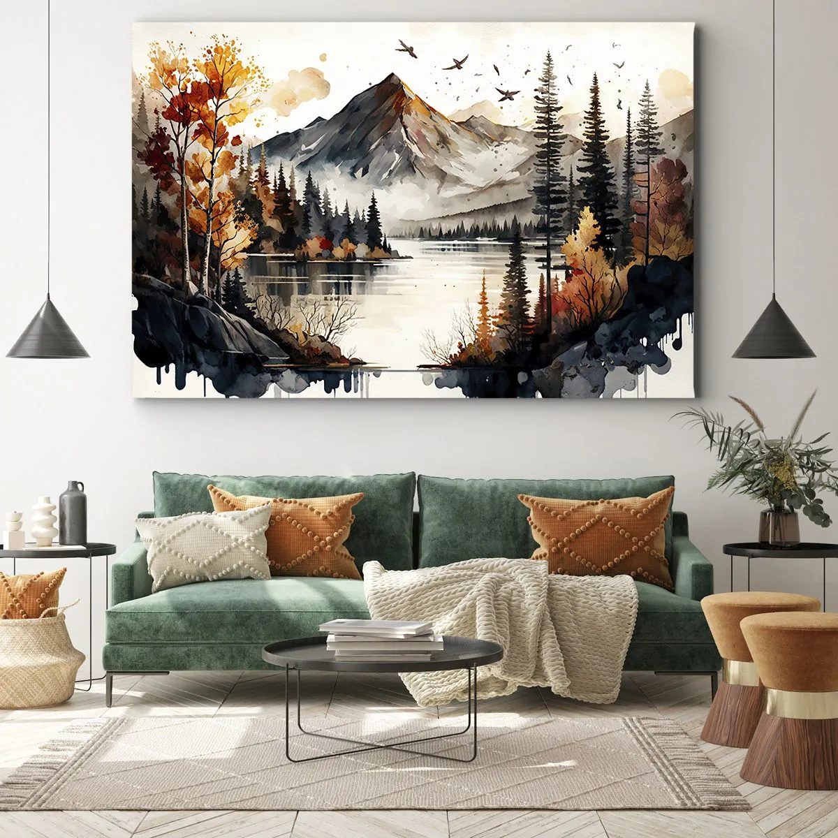 Canvastavla - Bild på duk - Höstbergslandskap med en sjö och träd i akvarell - 70x50cm - Gyllene höst i fjällen - Modern väggdekoration för vardagsrum och sovrum ARTTOR