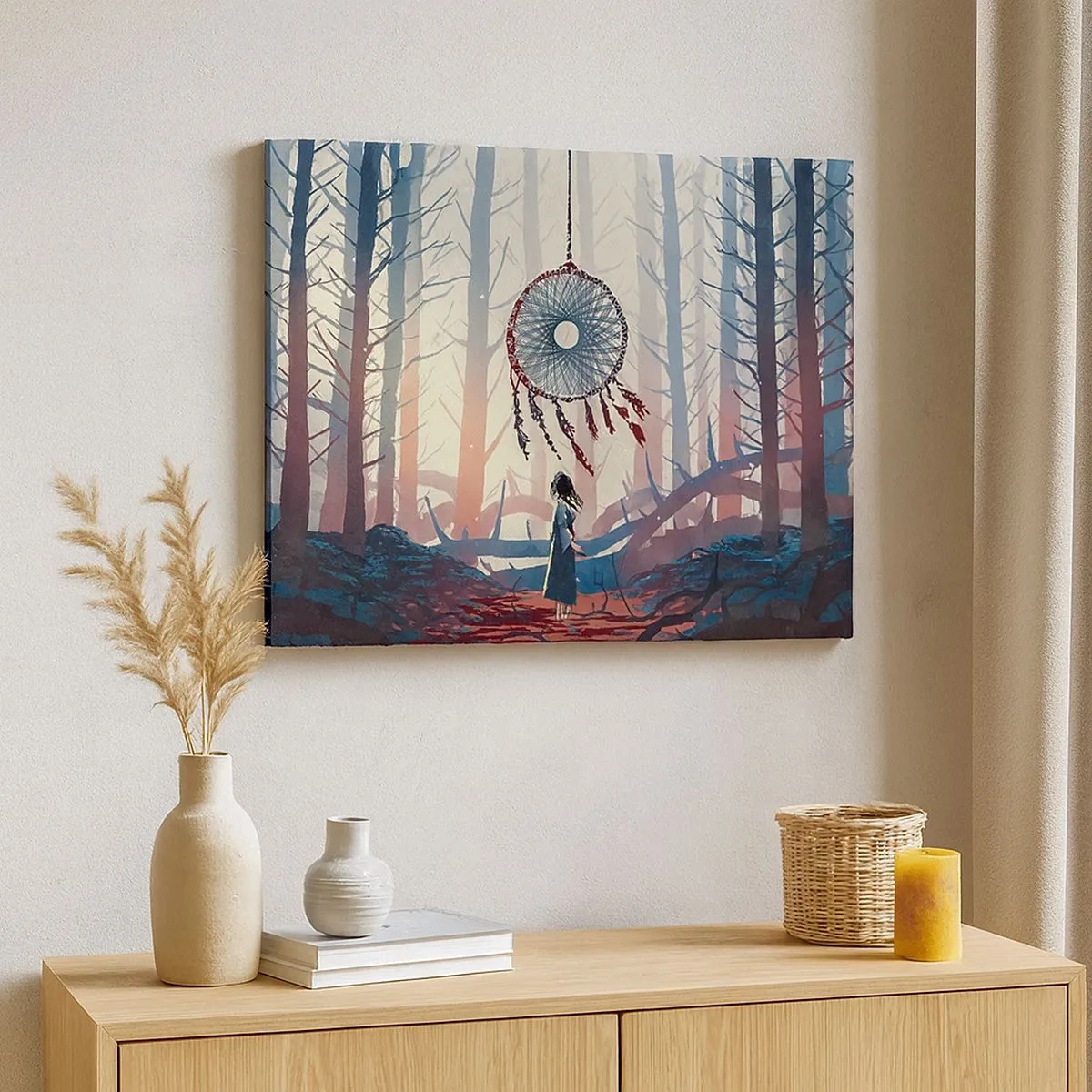 Canvastavla - Bild på duk - Skogsscen med en gigantisk drömfångare - 70x50cm - Hemlighetsfull ritual av lyckan - Modern väggdekoration för vardagsrum och sovrum ARTTOR