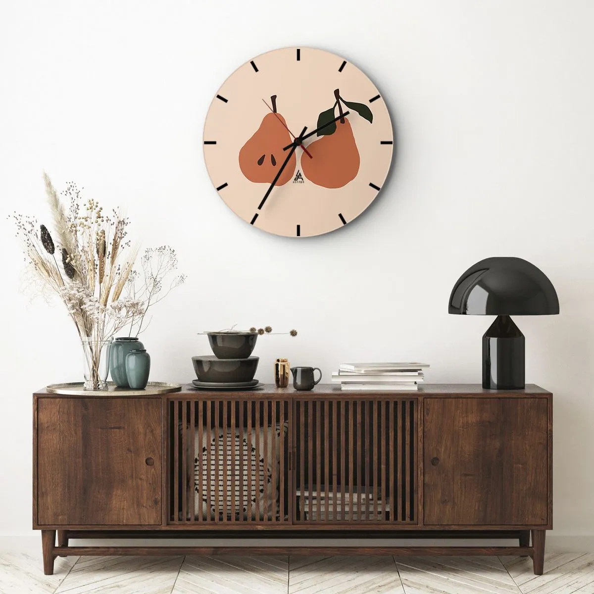 Väggklocka - Klocka på glas - Två päron i varma färger mot en beige bakgrund - 30x30cm - Bara sötma - Modern väggdekoration för vardagsrum, kök och sovrum ARTTOR