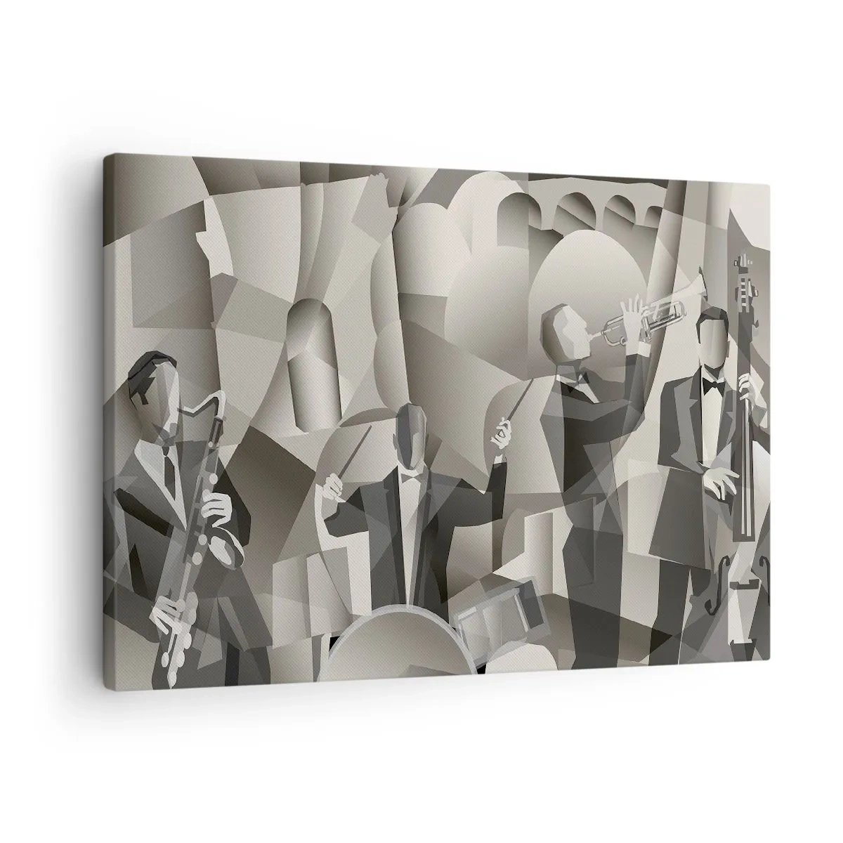Canvastavla - Bild på duk - Abstrakt scen med jazzmusiker i nyanser av grått. - 70x50cm - I ljudrummet - Modern väggdekoration för vardagsrum och sovrum ARTTOR