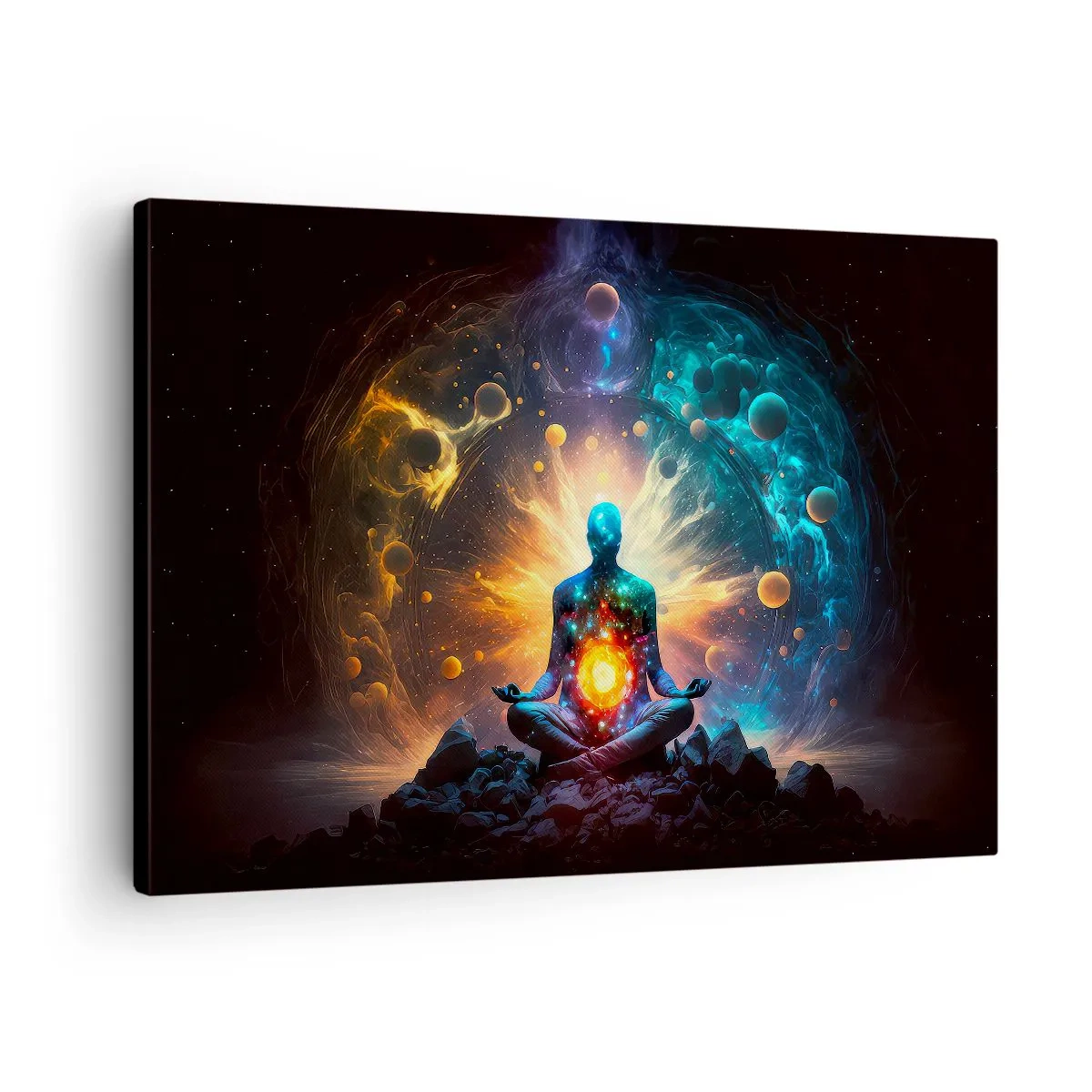 Canvastavla - Bild på duk - En figur i meditation omgiven av en kosmisk aura - 70x50cm - Kosmisk stillhet - Modern väggdekoration för vardagsrum och sovrum ARTTOR