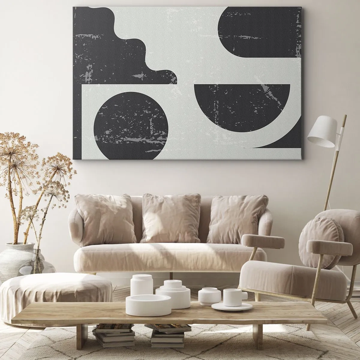 Canvastavla - Bild på duk - Geometriska mönster i nyanser av svart och grått - 70x50cm - Komposition ovanför och under - Modern väggdekoration för vardagsrum och sovrum ARTTOR