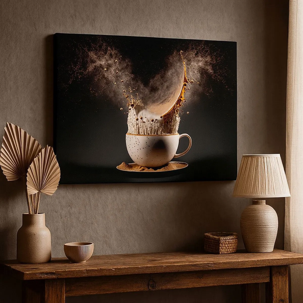 Canvastavla - Bild på duk - En kopp kaffe med en dynamisk explosion av vätska mot en svart bakgrund. - 70x50cm - Smakexplosion - Modern väggdekoration för vardagsrum och sovrum ARTTOR