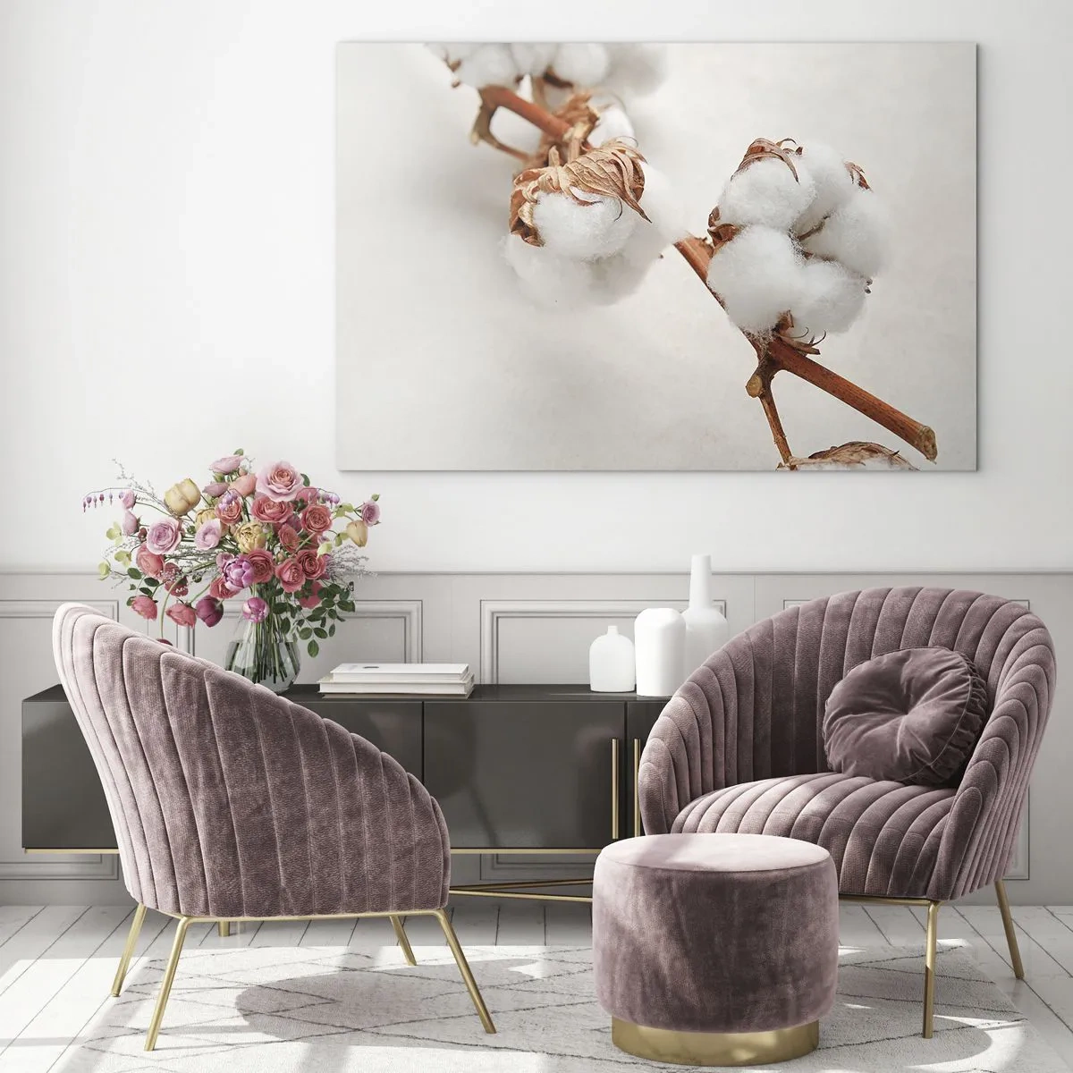 Glastavla - Bild på glas - Närbild av en bomullskvist mot en ljus bakgrund - 70x50cm - Krama om - Modern väggdekoration för vardagsrum och sovrum ARTTOR