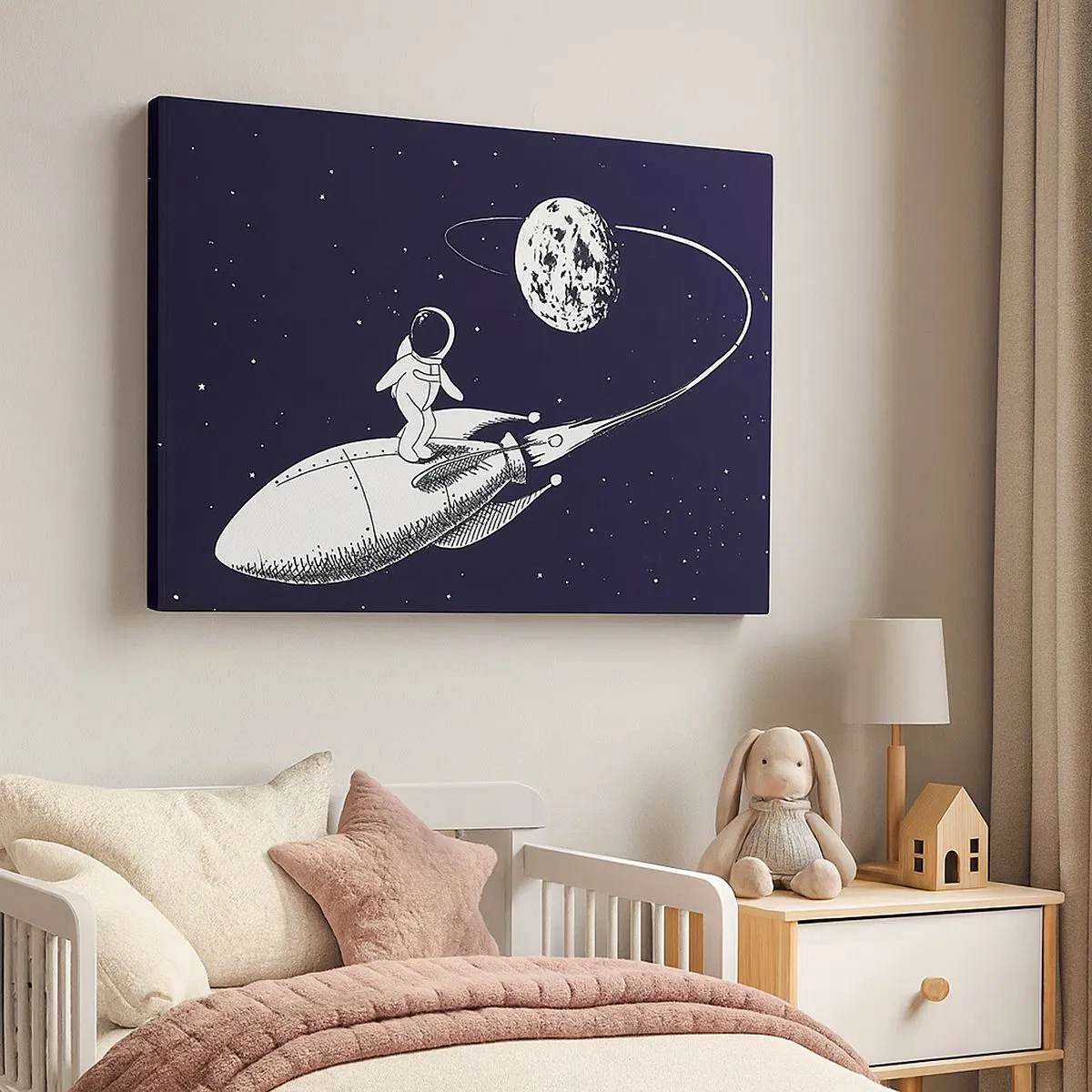 Canvastavla - Bild på duk - Astronaut på en raket i rymden - 70x50cm - Rymdsurfare - Modern väggdekoration för vardagsrum och sovrum ARTTOR