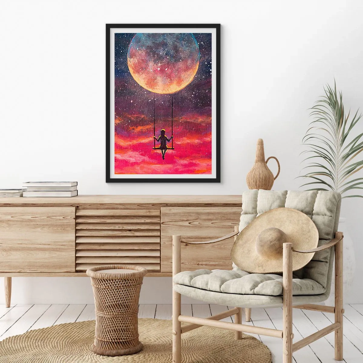 Affisch i svart ram - Flicka på en gunga under fullmånen - 50x70cm - Sväva i molnen - Modern väggdekoration för vardagsrum och sovrum ARTTOR