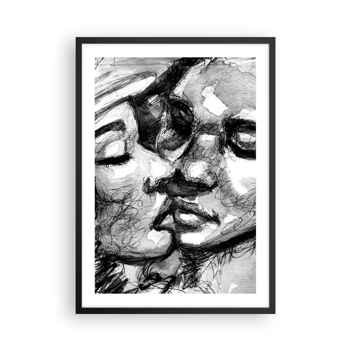 Affisch i svart ram - Abstrakt svartvitt porträtt av en kyss - 50x70cm - Ett ömt ögonblick - Modern väggdekoration för vardagsrum och sovrum ARTTOR