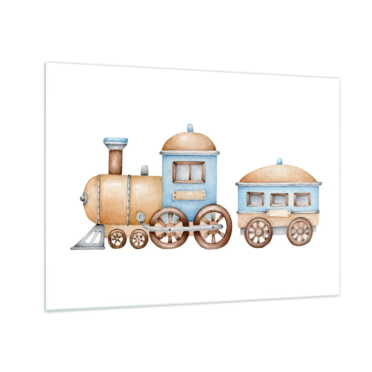 Glastavla - Bild på glas - Illustration av ett ånglok i nyanser av blått och beige mot vit bakgrund - 70x50cm - Stående vid stationen... - Modern väggdekoration för vardagsrum och sovrum ARTTOR