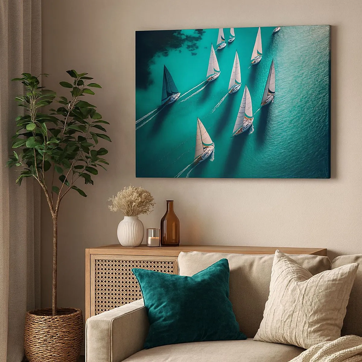 Canvastavla - Bild på duk - Yachter på turkost vatten i dynamisk rörelse - 70x50cm - Tävla med vinden - Modern väggdekoration för vardagsrum och sovrum ARTTOR