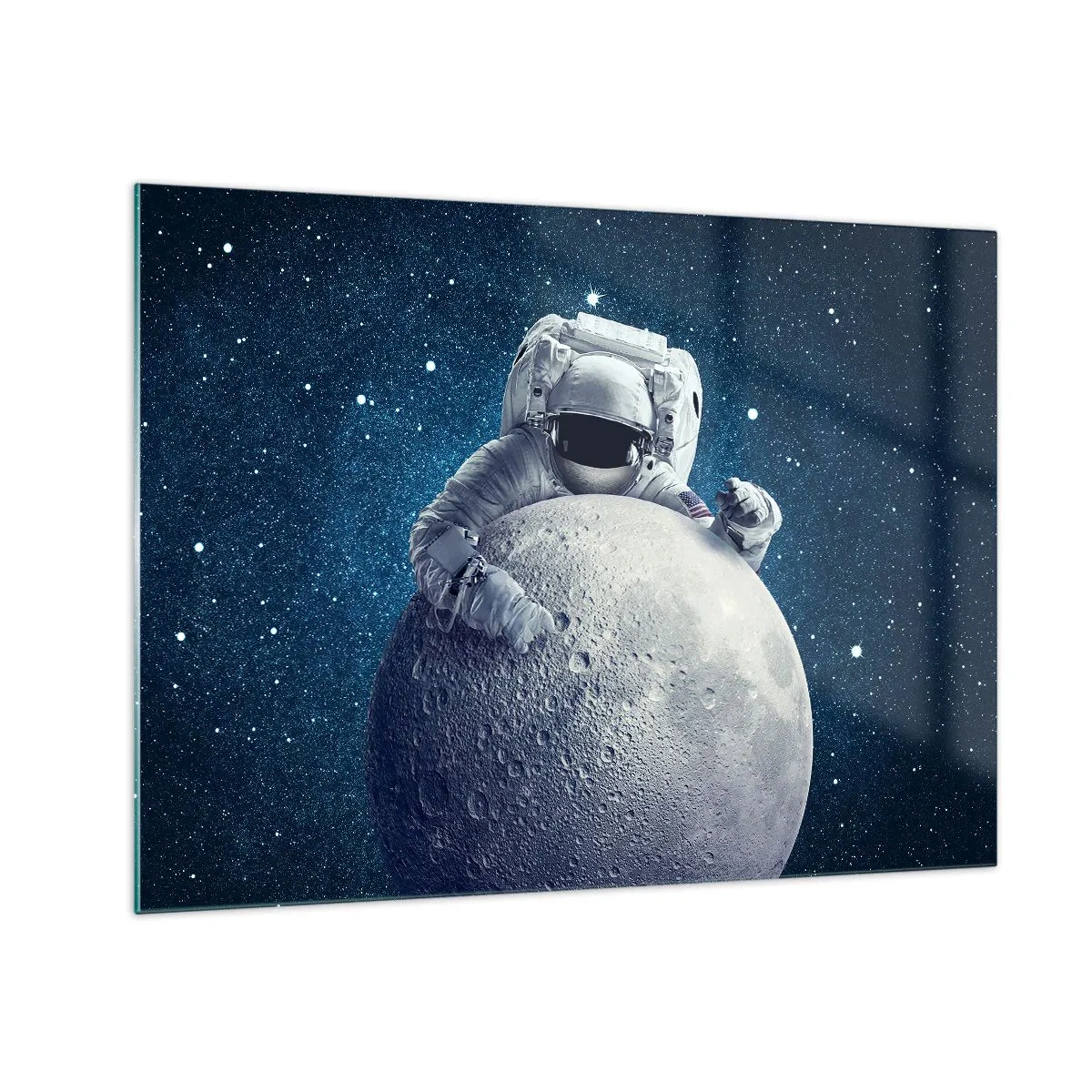 Glastavla - Bild på glas - Astronaut kramar månen mot en stjärnklar himmel - 70x50cm - Skojare i rymden - Modern väggdekoration för vardagsrum och sovrum ARTTOR