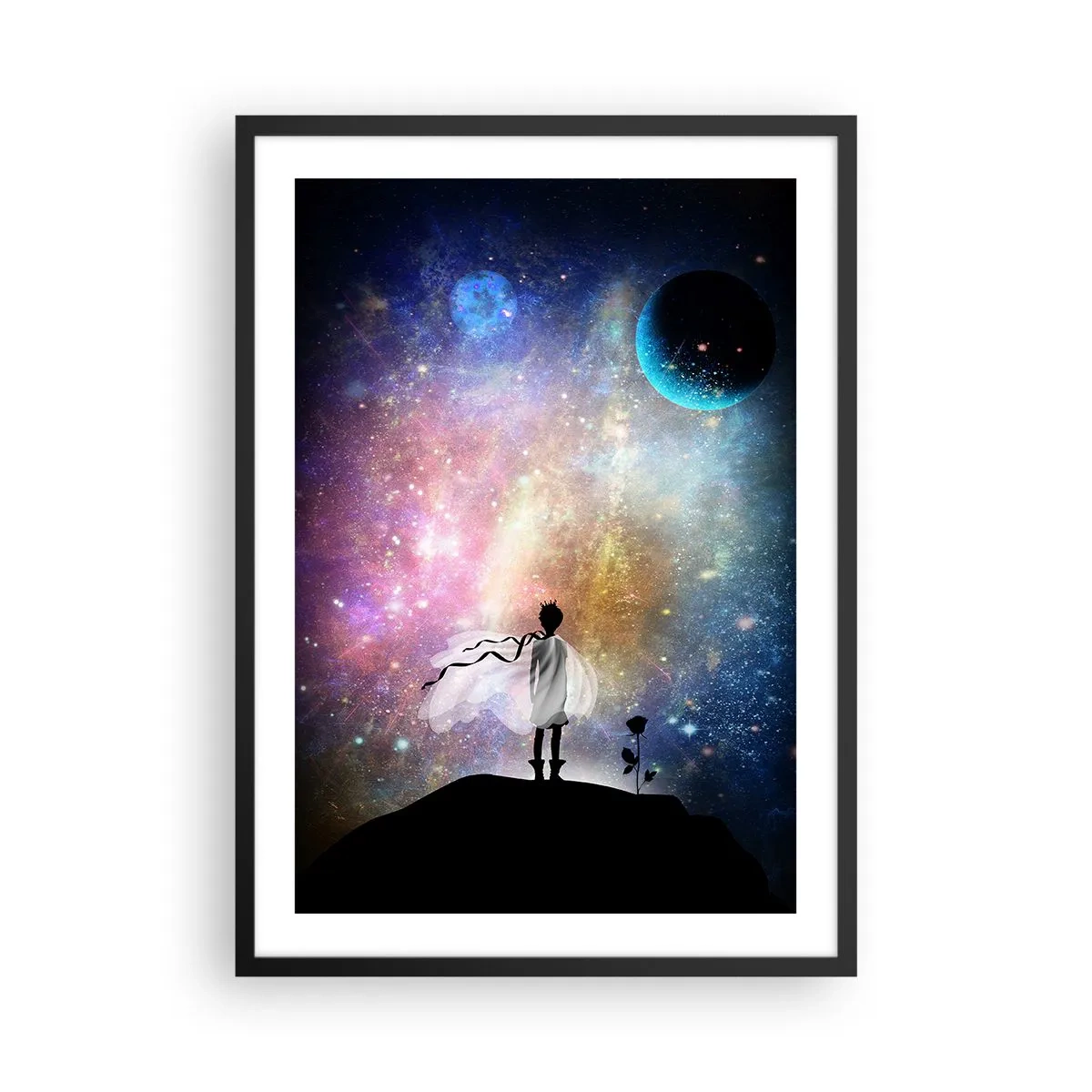 Affisch i svart ram - En fantastisk rymdscen med en silhuett av en karaktär och en ros - 50x70cm - Den lille prinsen - Modern väggdekoration för vardagsrum och sovrum ARTTOR