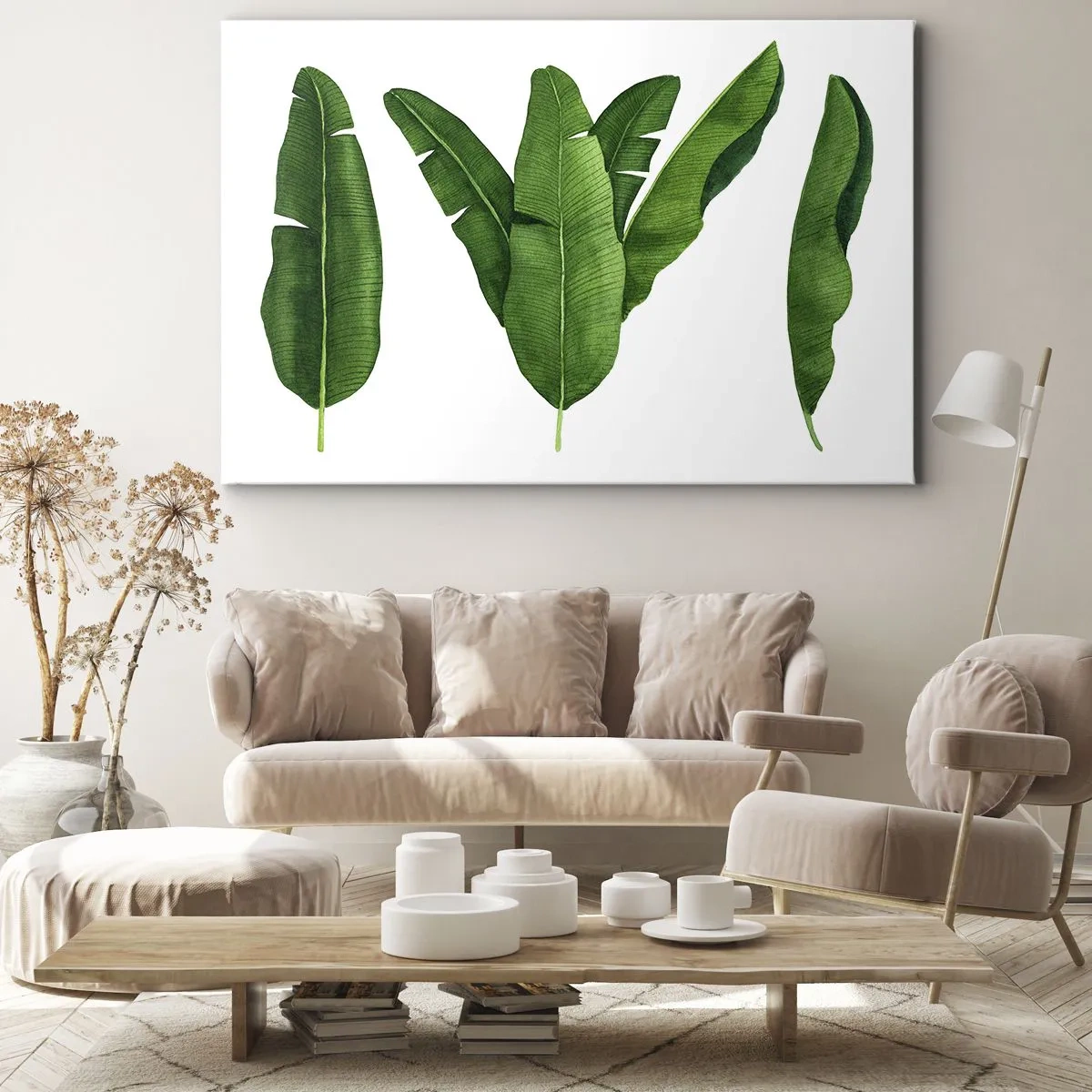 Canvastavla - Bild på duk - Tre bananblad i ett konstnärligt tillvägagångssätt - 70x50cm - Grön symmetri - Modern väggdekoration för vardagsrum och sovrum ARTTOR
