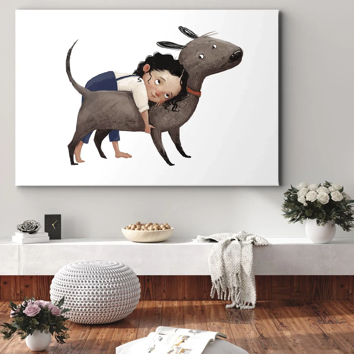 Canvastavla - Bild på duk - Tecknad illustration av ett barn som kramar en hund - 70x50cm - Bästa vänner - Modern väggdekoration för vardagsrum och sovrum ARTTOR