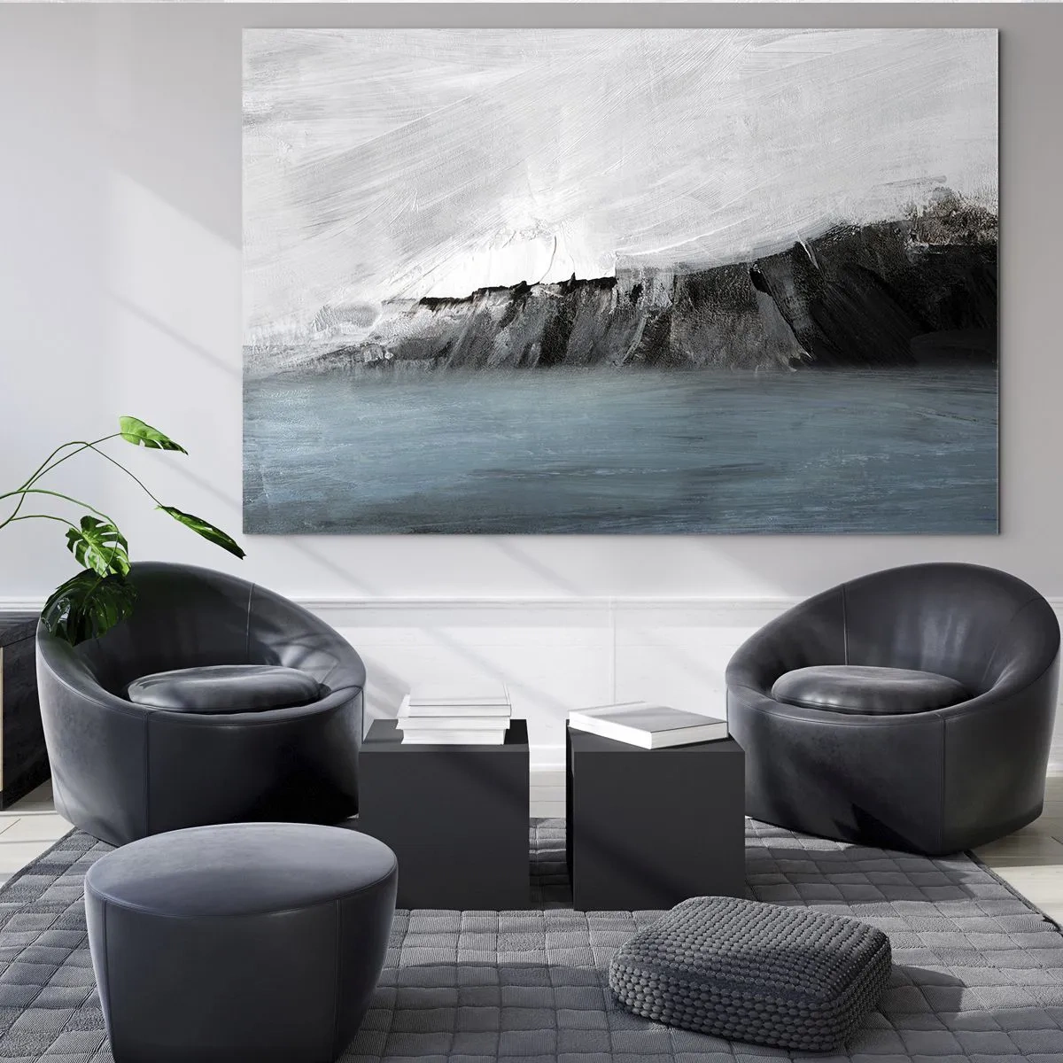 Glastavla - Bild på glas - Abstrakt komposition i nyanser av blått, vitt och svart - 70x50cm - Vatten - jord: en krock mellan elementen - Modern väggdekoration för vardagsrum och sovrum ARTTOR