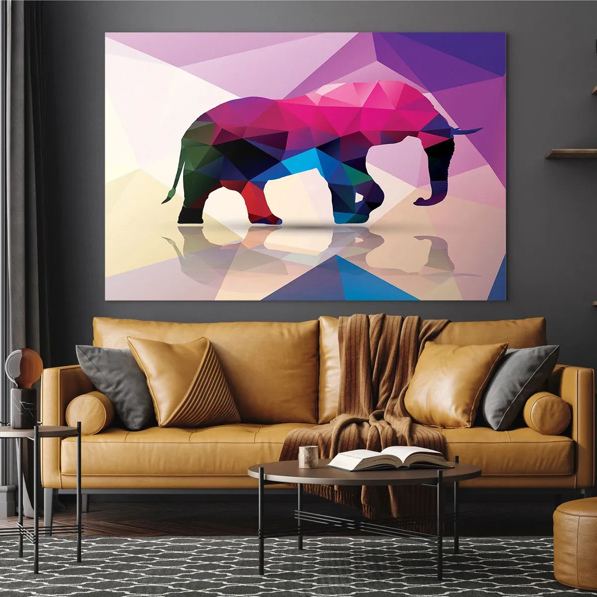Glastavla - Bild på glas - Geometrisk elefant i vibrerande färgglad abstraktion - 70x50cm - Kristalldinosaurie - Modern väggdekoration för vardagsrum och sovrum ARTTOR