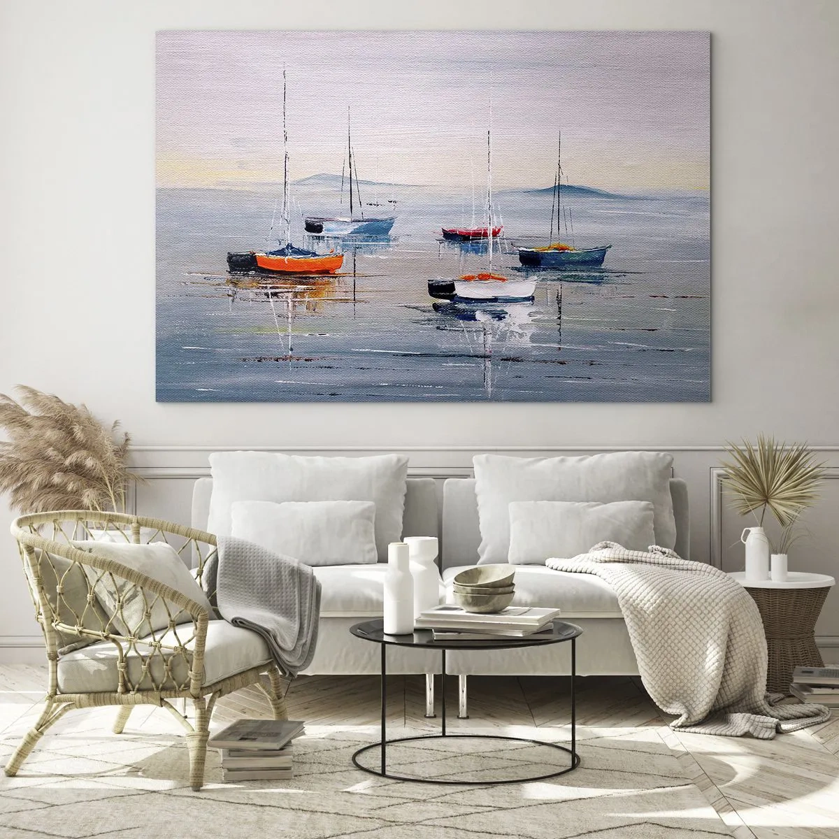 Glastavla - Bild på glas - Färgglada båtar som driver på det lugna vattnet vid solnedgången - 70x50cm - En välförtjänt vila - Modern väggdekoration för vardagsrum och sovrum ARTTOR