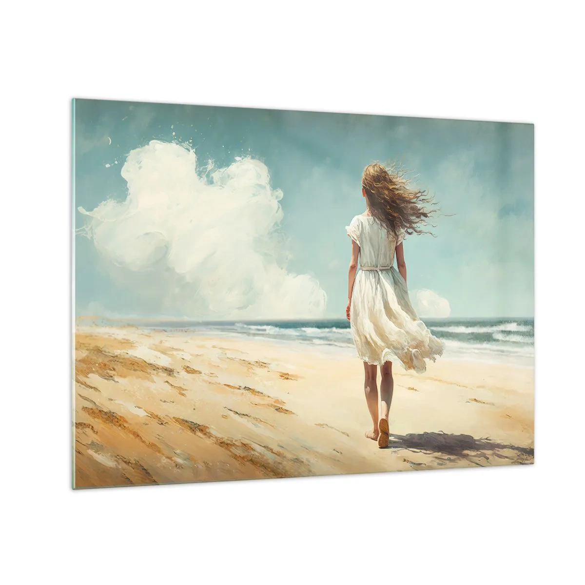 Glastavla - Bild på glas - En kvinna i en vit klänning som går barfota på en solig strand - 70x50cm - Att möta solen och vinden - Modern väggdekoration för vardagsrum och sovrum ARTTOR