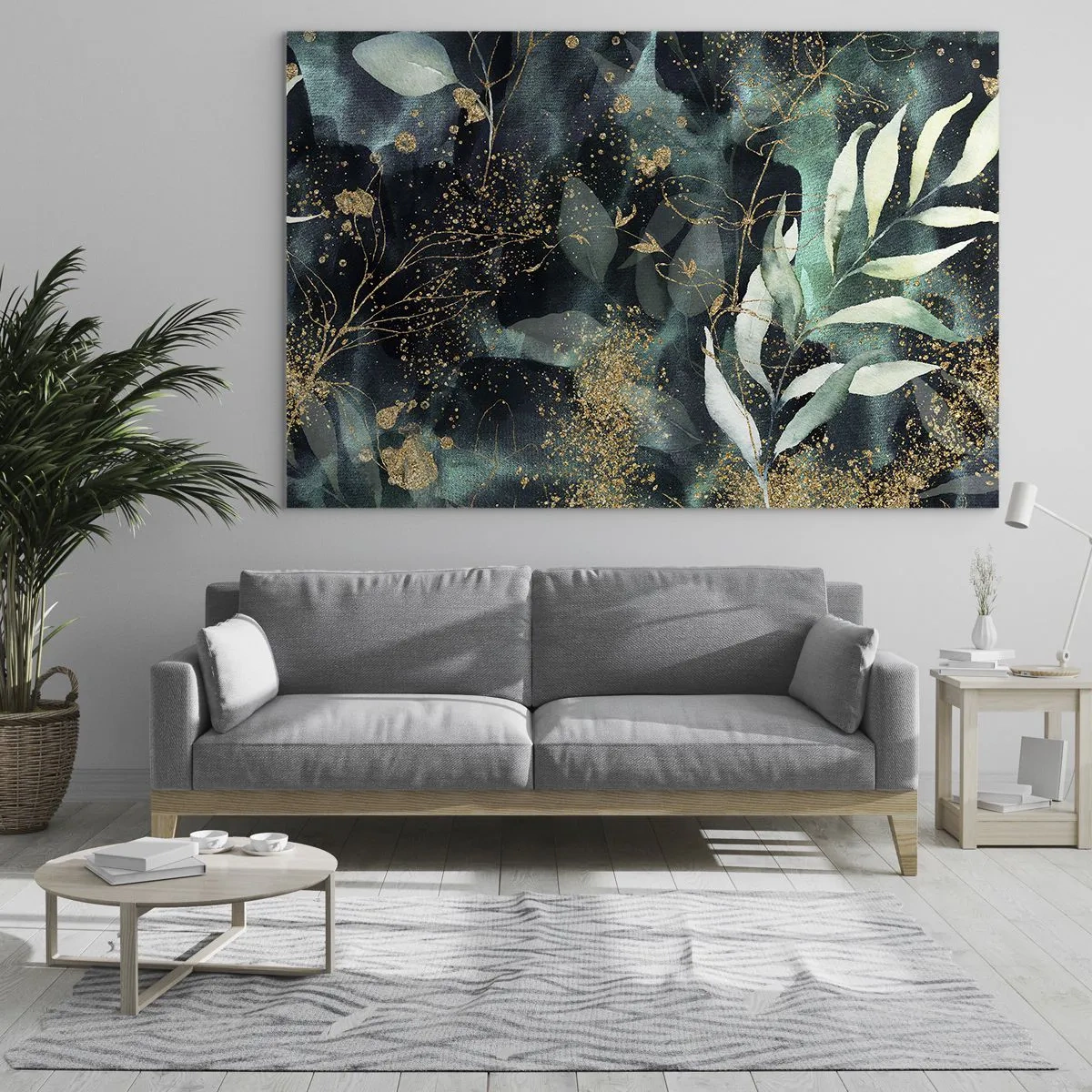 Glastavla - Bild på glas - Guld- och gröna blad på en mörk bakgrund - 70x50cm - Förtrollad trädgård - Modern väggdekoration för vardagsrum och sovrum ARTTOR