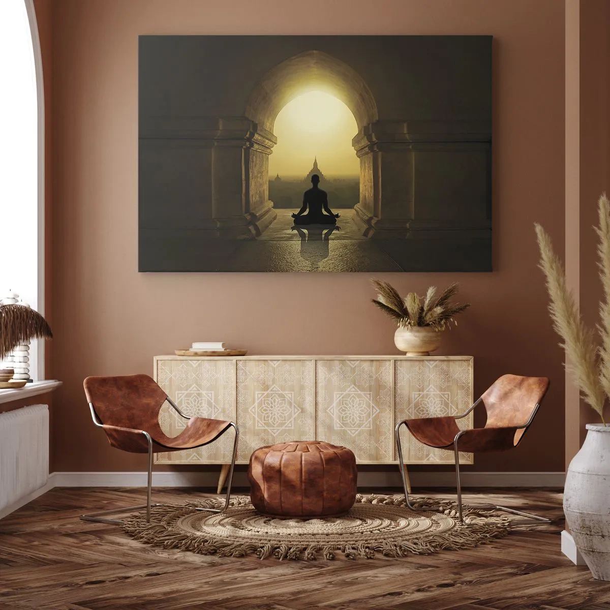 Canvastavla - Bild på duk - Silhuett av en mediterande person i ljuset av den nedgående solen - 70x50cm - Full harmoni - Modern väggdekoration för vardagsrum och sovrum ARTTOR