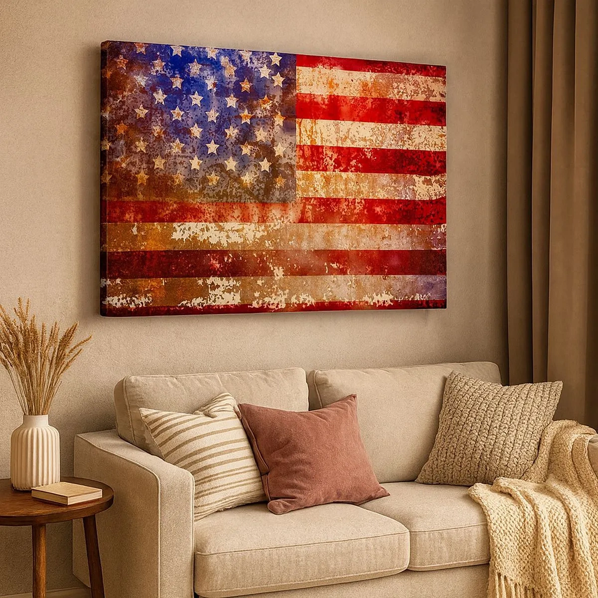 Canvastavla - Bild på duk - Stiliserad amerikansk flagga med åldrad effekt - 70x50cm - Äran är tidlös - Modern väggdekoration för vardagsrum och sovrum ARTTOR