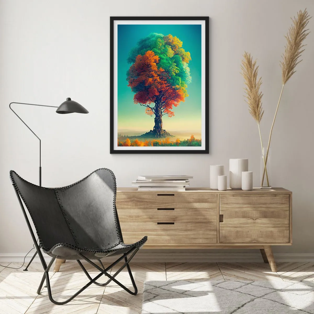 Affisch i svart ram - Ett träd i de fyra årstidernas färger - 50x70cm - Eken - naturens fader - Modern väggdekoration för vardagsrum och sovrum ARTTOR