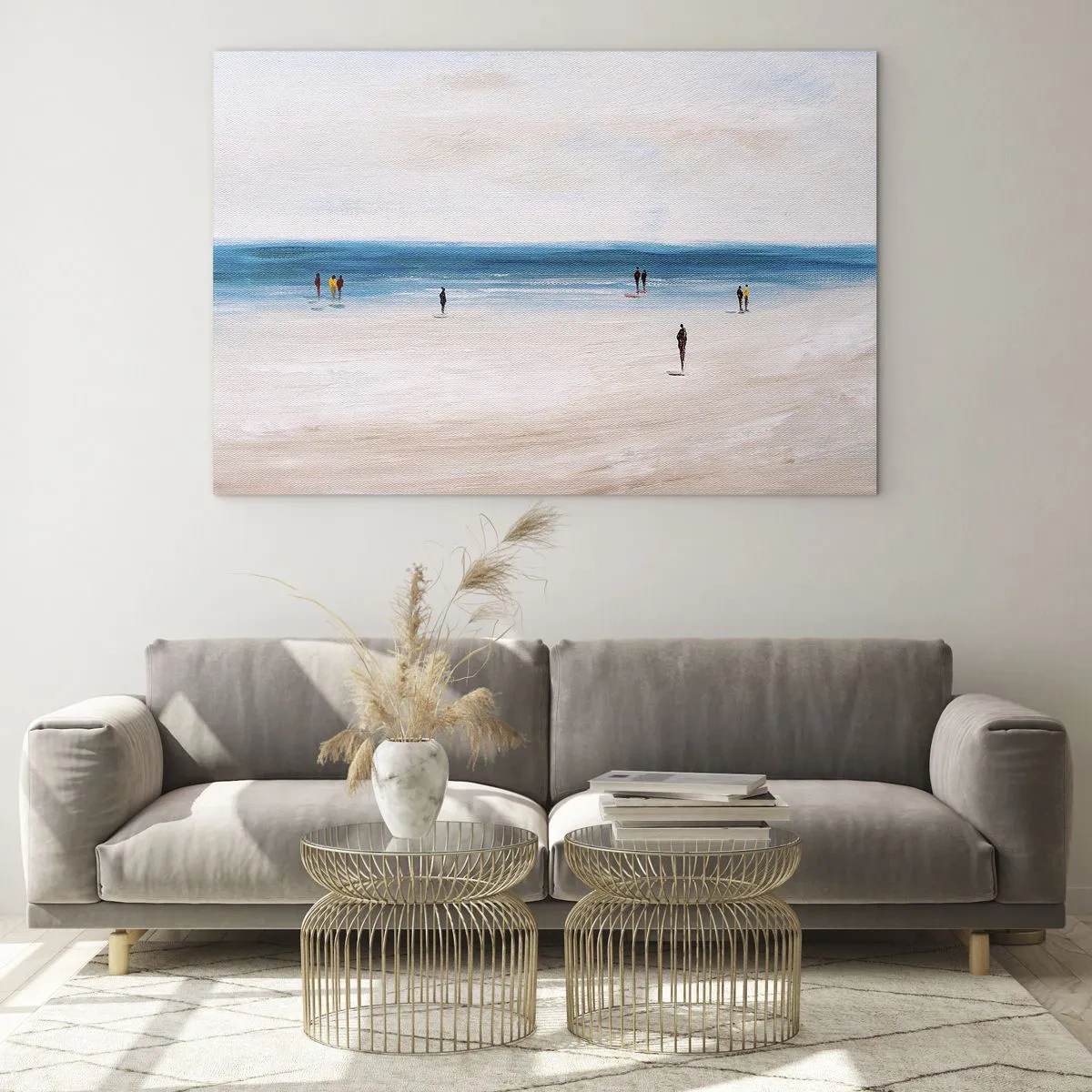 Glastavla - Bild på glas - En lugn strand med silhuetter av människor som går längs havslinjen - 70x50cm - Ett naturligt behov - Modern väggdekoration för vardagsrum och sovrum ARTTOR