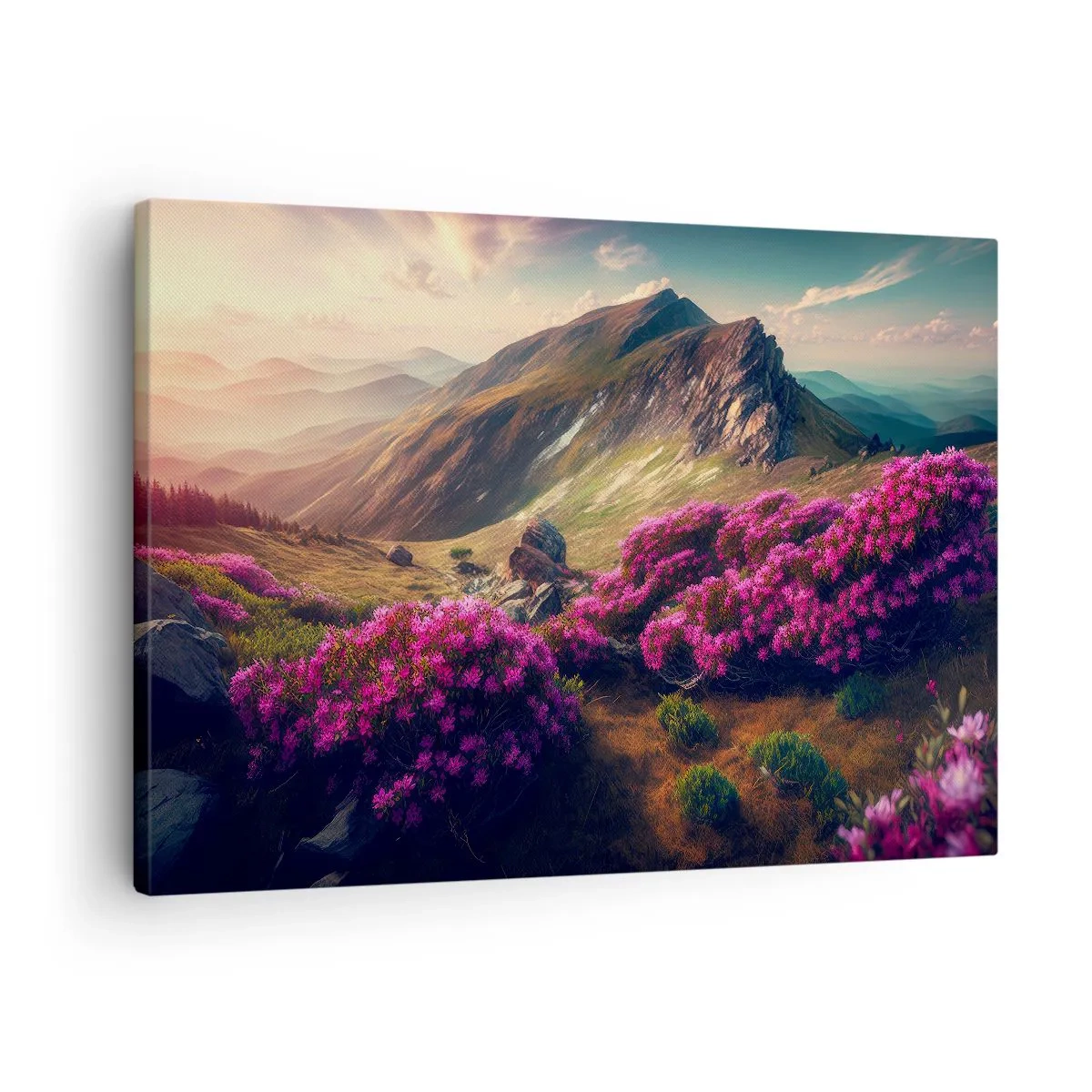 Canvastavla - Bild på duk - Berglandskap med blommande rhododendron - 70x50cm - Sommar i fjällen - Modern väggdekoration för vardagsrum och sovrum ARTTOR