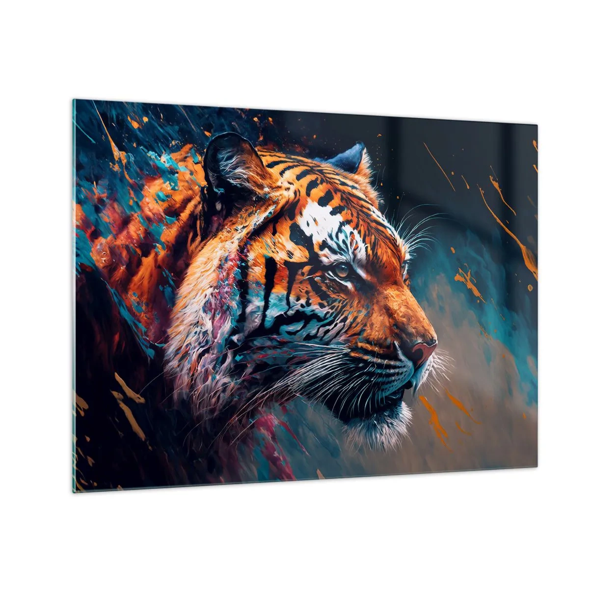 Glastavla - Bild på glas - Porträtt av en tiger i en konstnärlig färgexplosion - 70x50cm - Vild skönhet - Modern väggdekoration för vardagsrum och sovrum ARTTOR