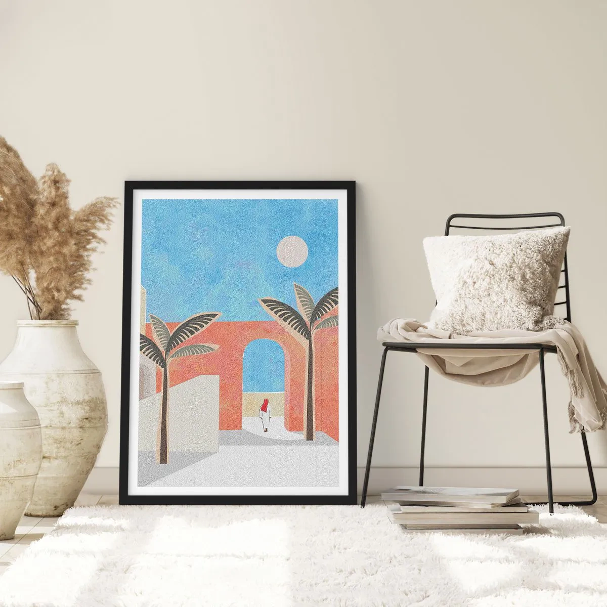 Affisch i svart ram - Minimalistiskt landskap med palmer och en båge - 50x70cm - En arabisk dag - Modern väggdekoration för vardagsrum och sovrum ARTTOR