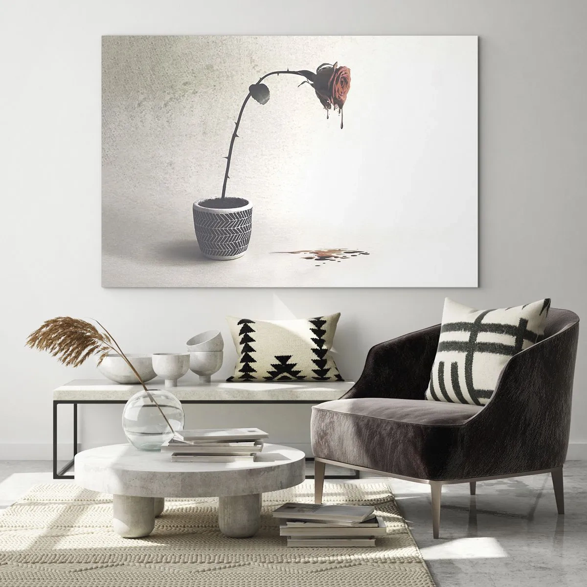 Glastavla - Bild på glas - En symbolisk ros i en kruka med droppande färg - 70x50cm - Rosa dolorosa - Modern väggdekoration för vardagsrum och sovrum ARTTOR