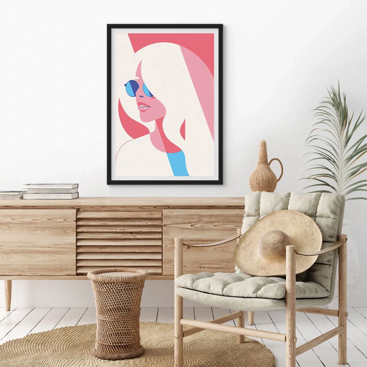 Affisch i svart ram - Stiliserat porträtt av en kvinna som bär solglasögon - 50x70cm - Det var en blondin... - Modern väggdekoration för vardagsrum och sovrum ARTTOR