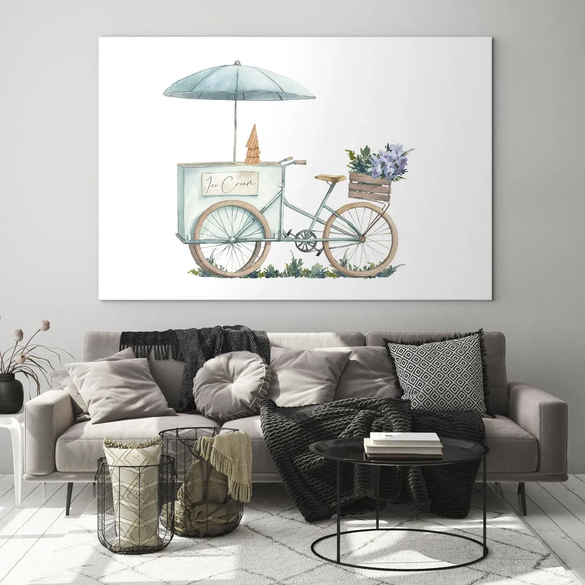 Glastavla - Bild på glas - En cykel med glass och pastellfärgade blommor - 70x50cm - Sött minne av sommaren - Modern väggdekoration för vardagsrum och sovrum ARTTOR