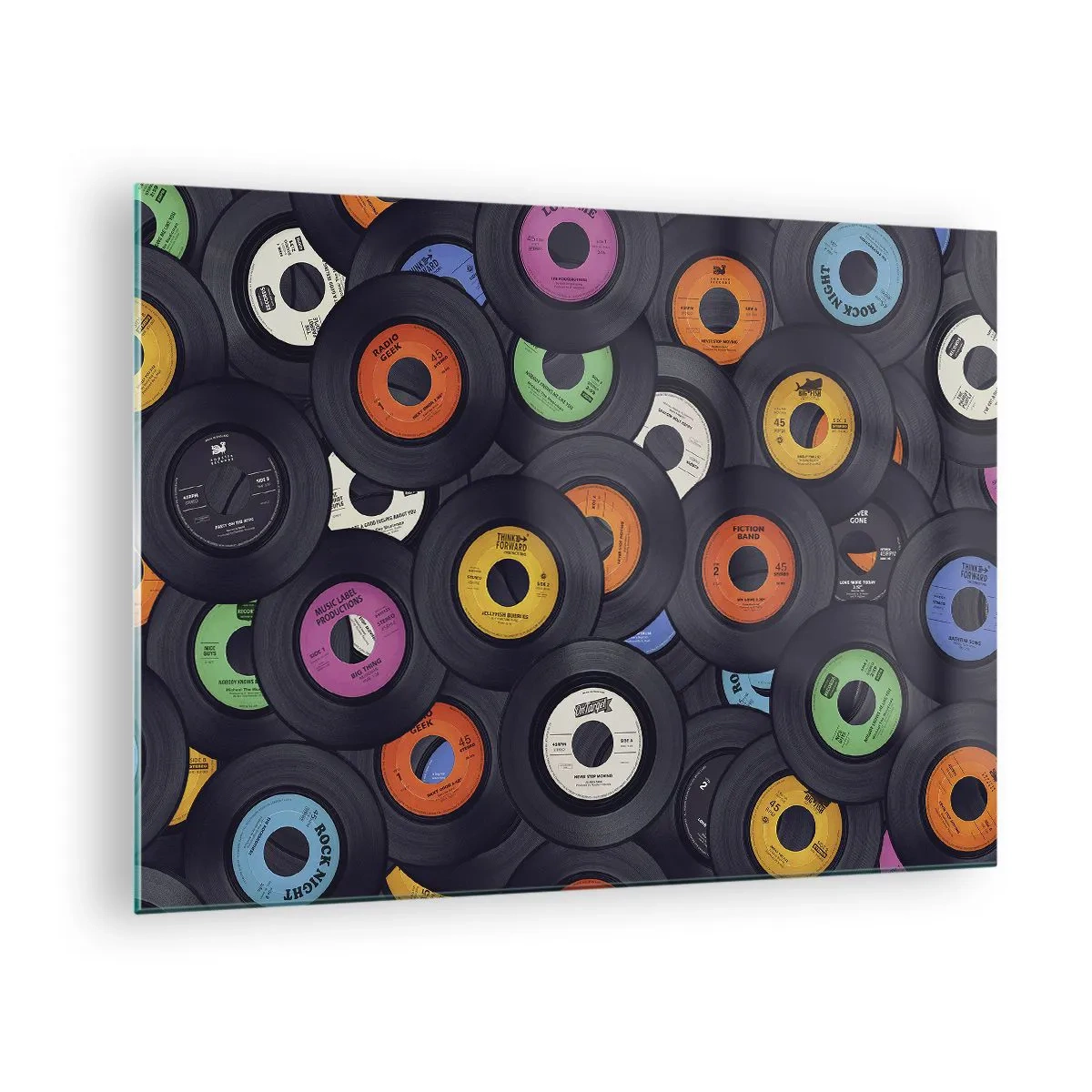 Glastavla - Bild på glas - Färgglada vinylskivor på svart bakgrund - 70x50cm - Klassikens färger - Modern väggdekoration för vardagsrum och sovrum ARTTOR