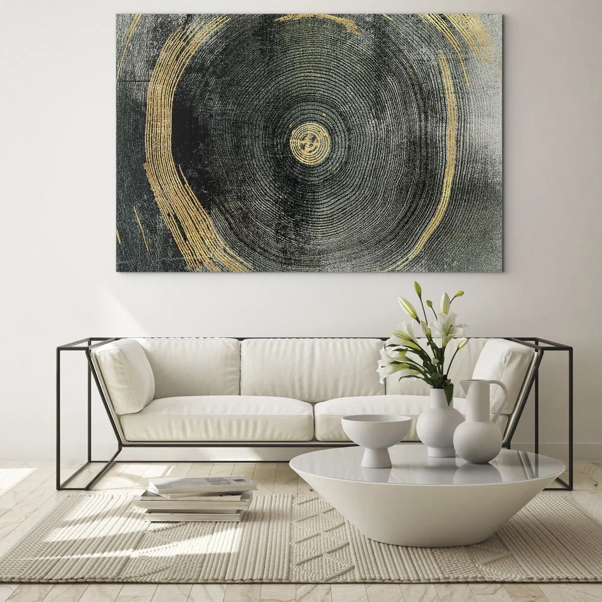Glastavla - Bild på glas - Tvärsnitt av en trädstam med detaljer och gulddetaljer - 70x50cm - Förändring och varaktighet - Modern väggdekoration för vardagsrum och sovrum ARTTOR