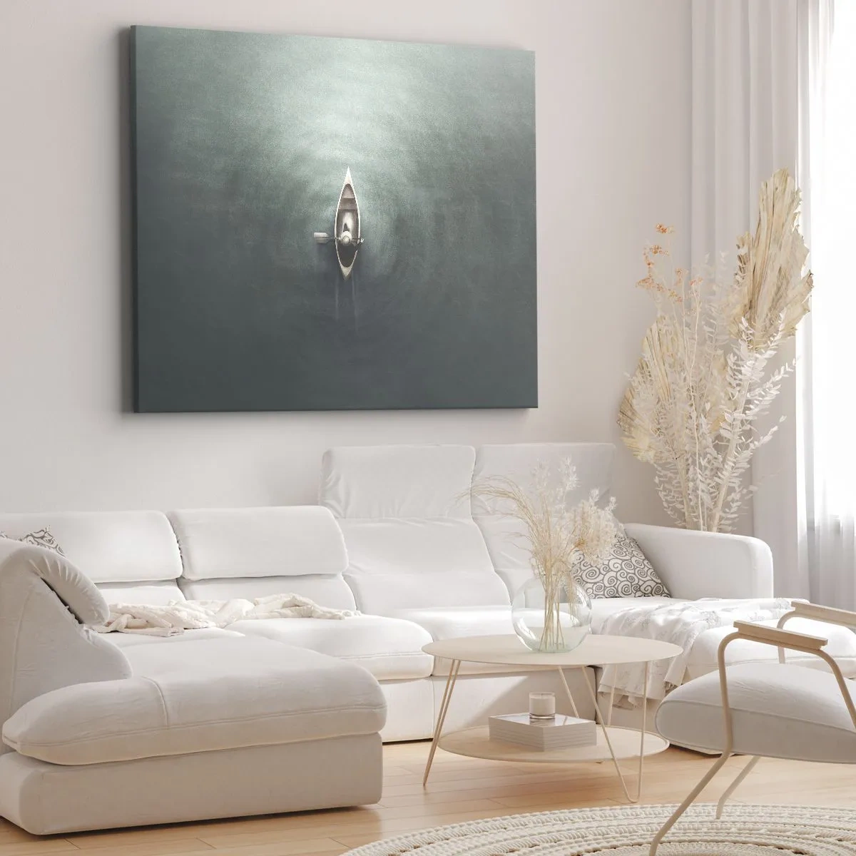 Canvastavla - Bild på duk - En ensam båt på lugnt vatten i en minimalistisk miljö - 70x50cm - Över en månbelyst sjö - Modern väggdekoration för vardagsrum och sovrum ARTTOR