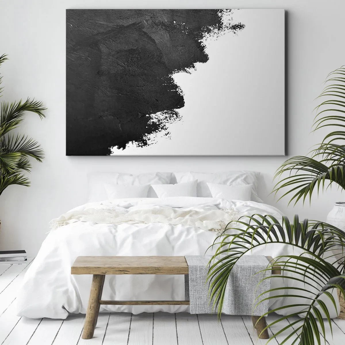 Canvastavla - Bild på duk - Svartvit abstraktion med kontrasterande penseldrag - 70x50cm - Element: jord - Modern väggdekoration för vardagsrum och sovrum ARTTOR