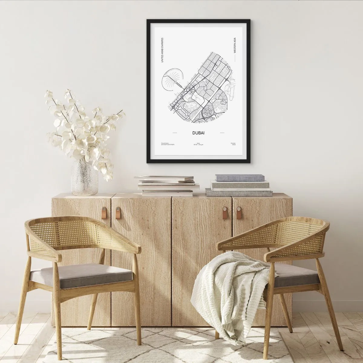 Affisch i svart ram - Minimalistisk svartvit karta över Dubai - 50x70cm - Dubais anatomi - Modern väggdekoration för vardagsrum och sovrum ARTTOR