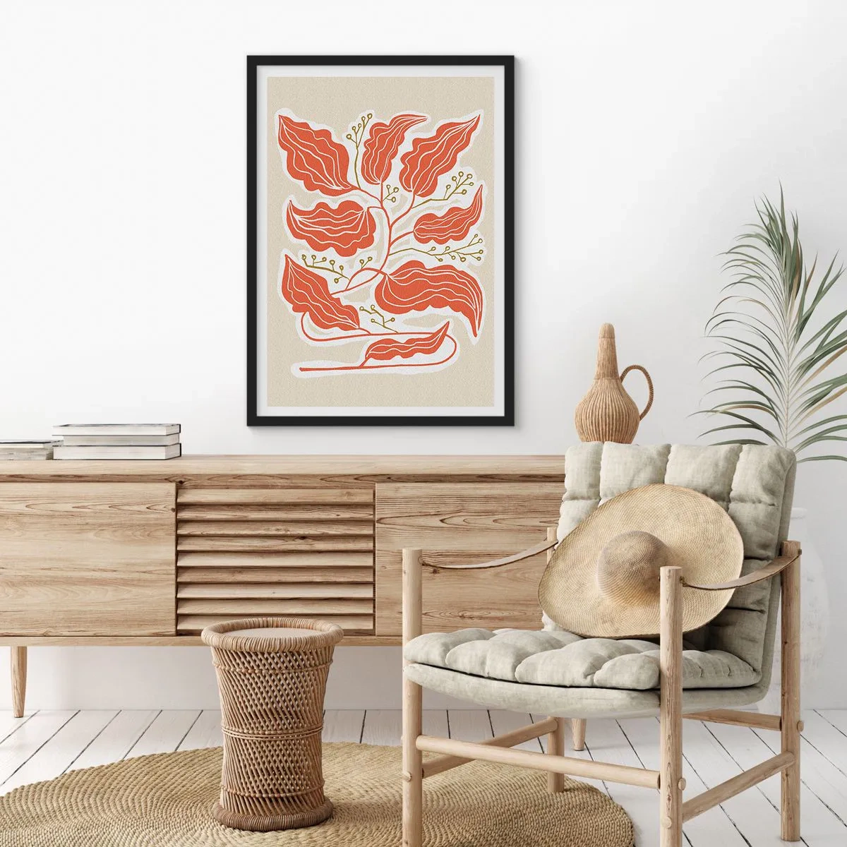 Affisch i svart ram - En abstrakt komposition av löv i nyanser av orange och beige. - 50x70cm - Folkligt och naturligt - Modern väggdekoration för vardagsrum och sovrum ARTTOR