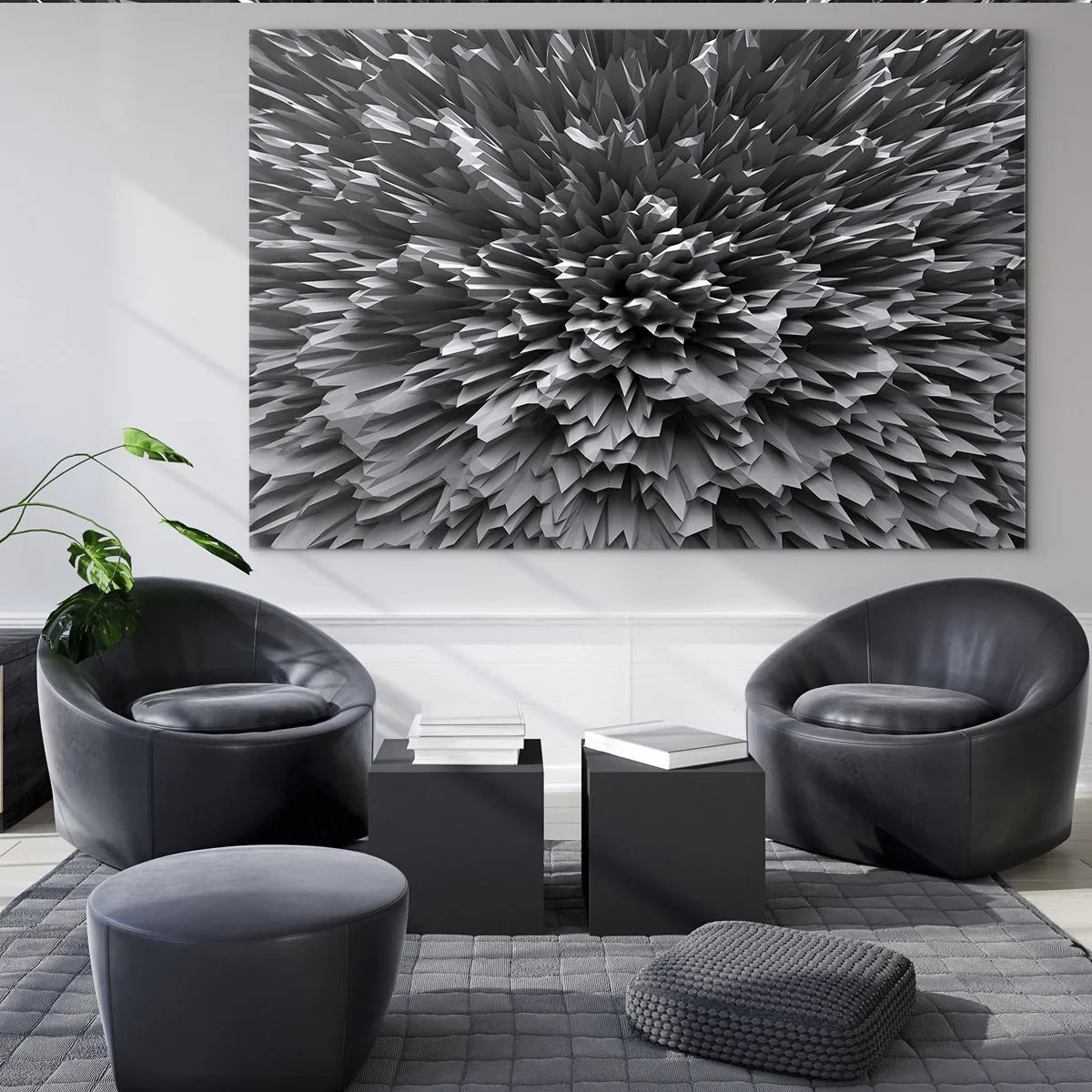 Glastavla - Bild på glas - Abstrakt svartvit 3D-struktur med skarpa kanter - 70x50cm - Det kan inte bli vassare än så här - Modern väggdekoration för vardagsrum och sovrum ARTTOR