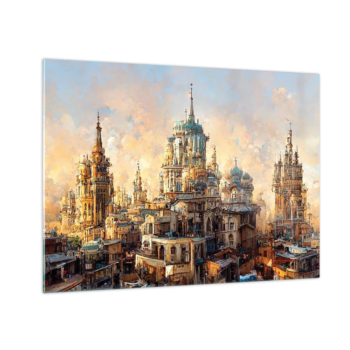 Glastavla - Bild på glas - Ett fantastiskt panorama över staden med torn och palats - 70x50cm - Städernas stad - Modern väggdekoration för vardagsrum och sovrum ARTTOR
