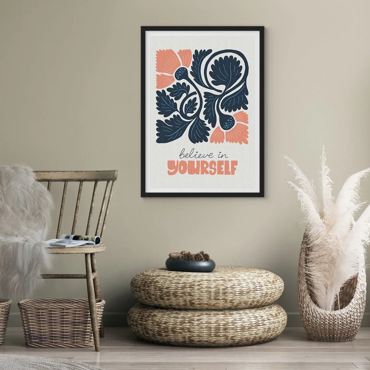 Affisch i svart ram - Stiliserade blommor i marinblått och rosa med en inspirerande inskription - 50x70cm - Blomma du också - Modern väggdekoration för vardagsrum och sovrum ARTTOR