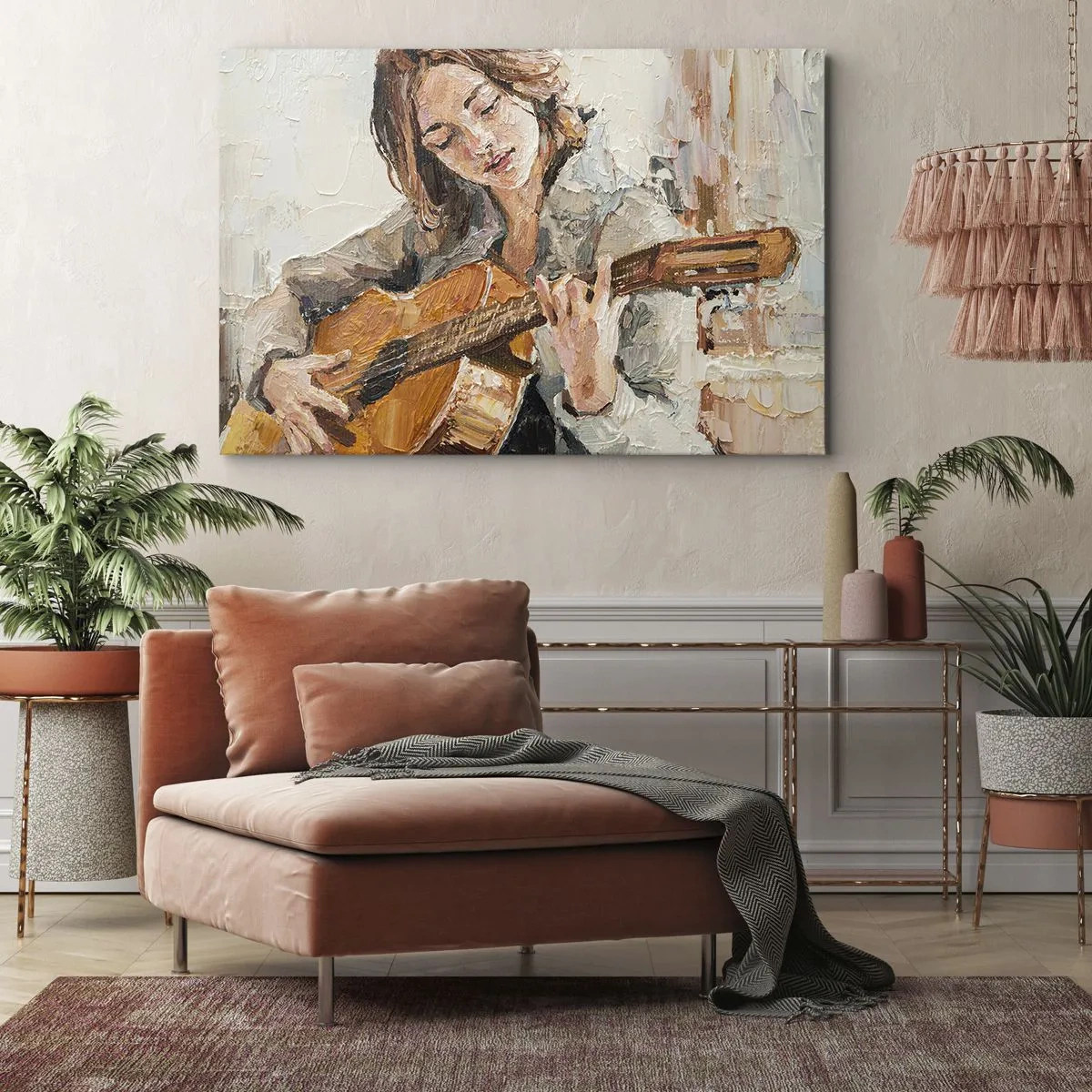Canvastavla - Bild på duk - Porträtt av en flicka som spelar gitarr i målerisk stil med varma färger. - 70x50cm - Konsert för gitarr och en flickas hjärta - Modern väggdekoration för vardagsrum och sovrum ARTTOR