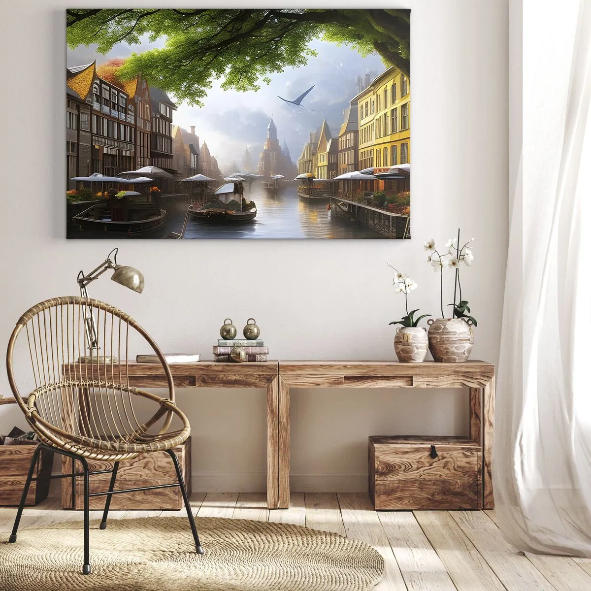 Canvastavla - Bild på duk - Ett pittoreskt holländskt landskap med en kanal och hyreshus - 70x50cm - Holländsk stadsbild - Modern väggdekoration för vardagsrum och sovrum ARTTOR