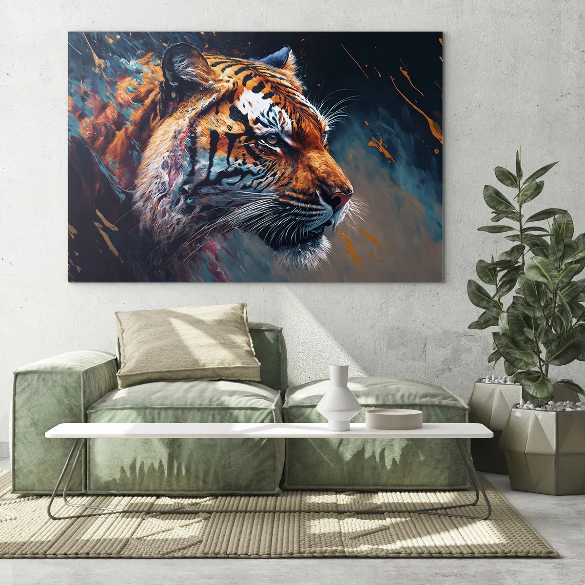 Glastavla - Bild på glas - Porträtt av en tiger i en konstnärlig färgexplosion - 70x50cm - Vild skönhet - Modern väggdekoration för vardagsrum och sovrum ARTTOR