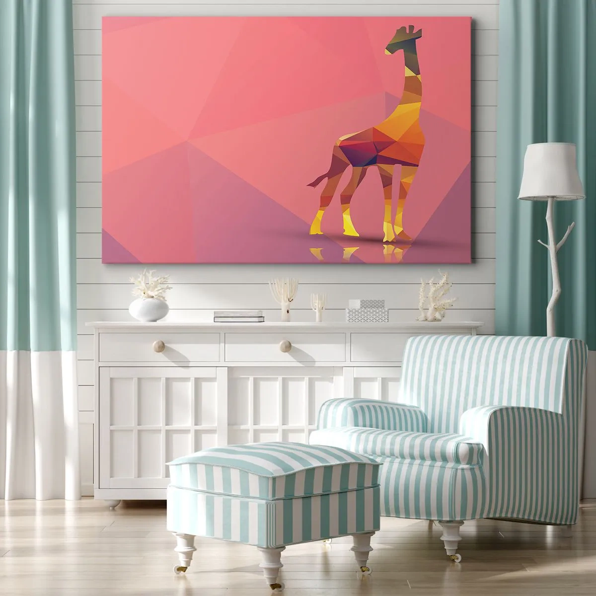 Canvastavla - Bild på duk - Geometrisk giraffsilhuett i pastellfärger av rosa och gult - 70x50cm - I savannens färger - Modern väggdekoration för vardagsrum och sovrum ARTTOR