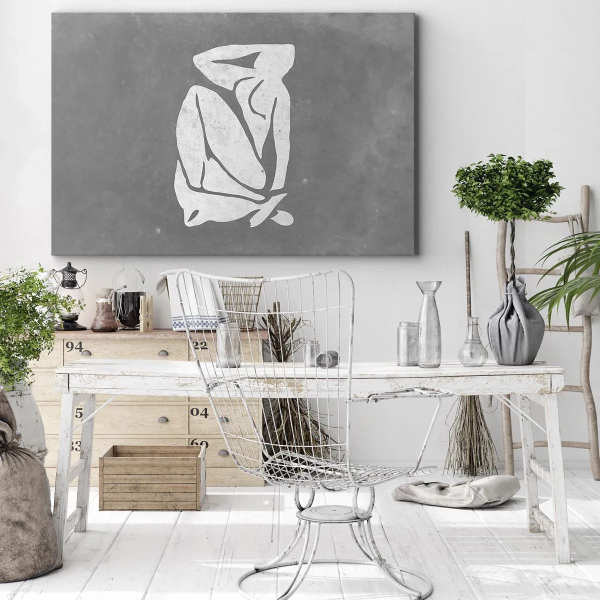 Canvastavla - Bild på duk - En minimalistisk silhuettteckning mot en grå bakgrund - 70x50cm - I drömmarnas värld - Modern väggdekoration för vardagsrum och sovrum ARTTOR