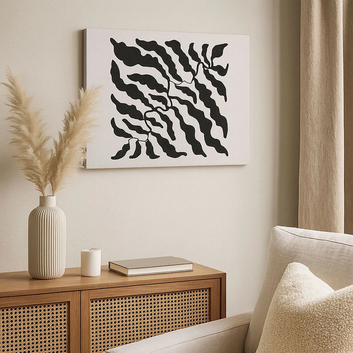 Canvastavla - Bild på duk - Kvistar med löv i svart mot en ljus bakgrund - 70x50cm - Kvadratens natur - Modern väggdekoration för vardagsrum och sovrum ARTTOR