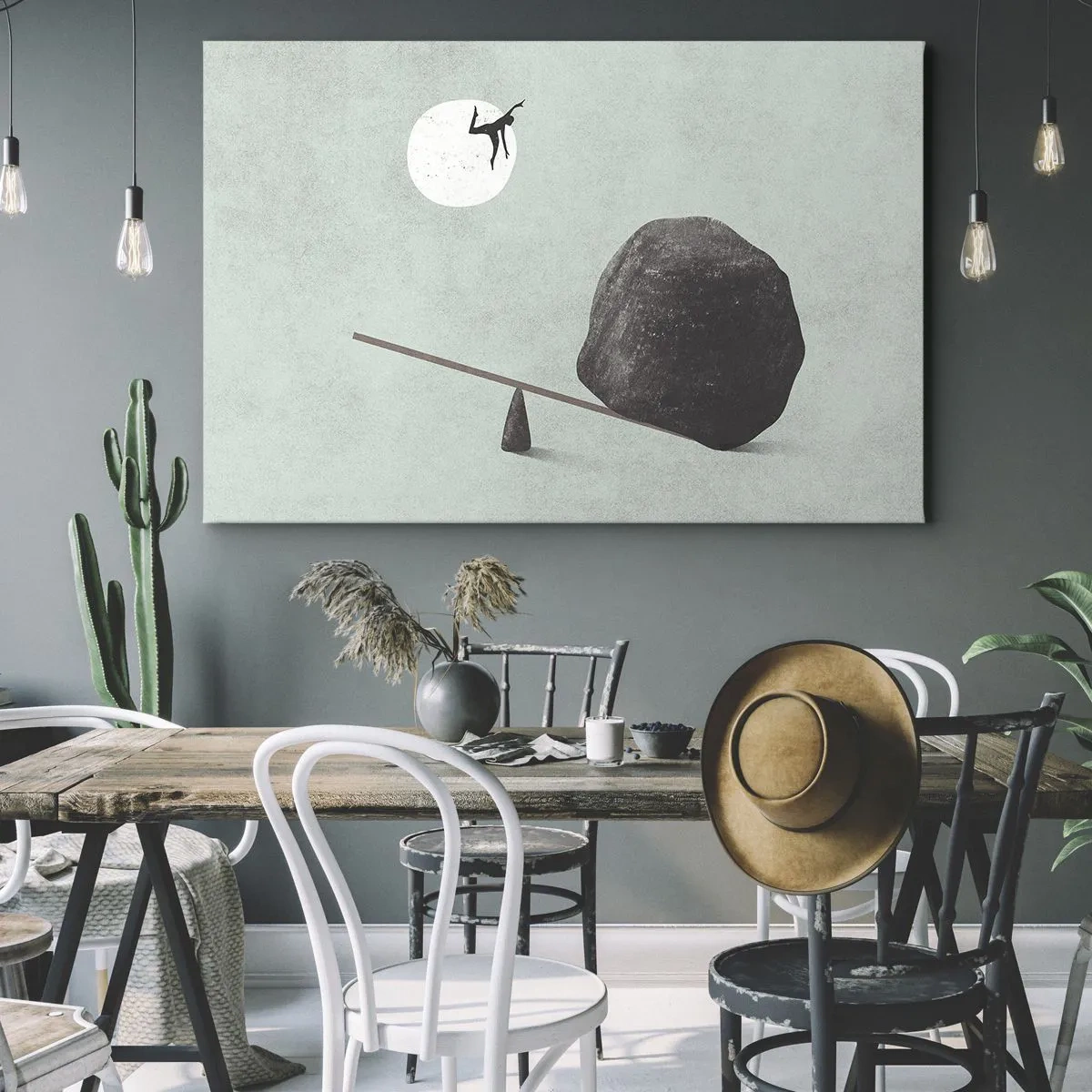 Canvastavla - Bild på duk - En symbolisk scen med en figur och balans mot en ljus himmel. - 70x50cm - Uppfylld dröm - Modern väggdekoration för vardagsrum och sovrum ARTTOR