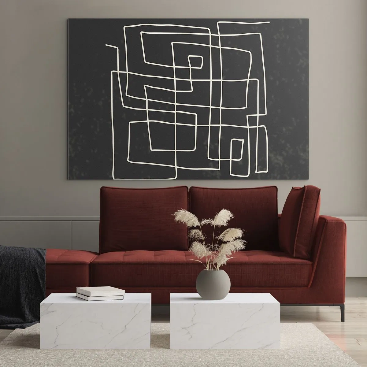 Glastavla - Bild på glas - Geometrisk abstraktion med vita linjer på svart bakgrund - 70x50cm - Inte så enkelt - Modern väggdekoration för vardagsrum och sovrum ARTTOR