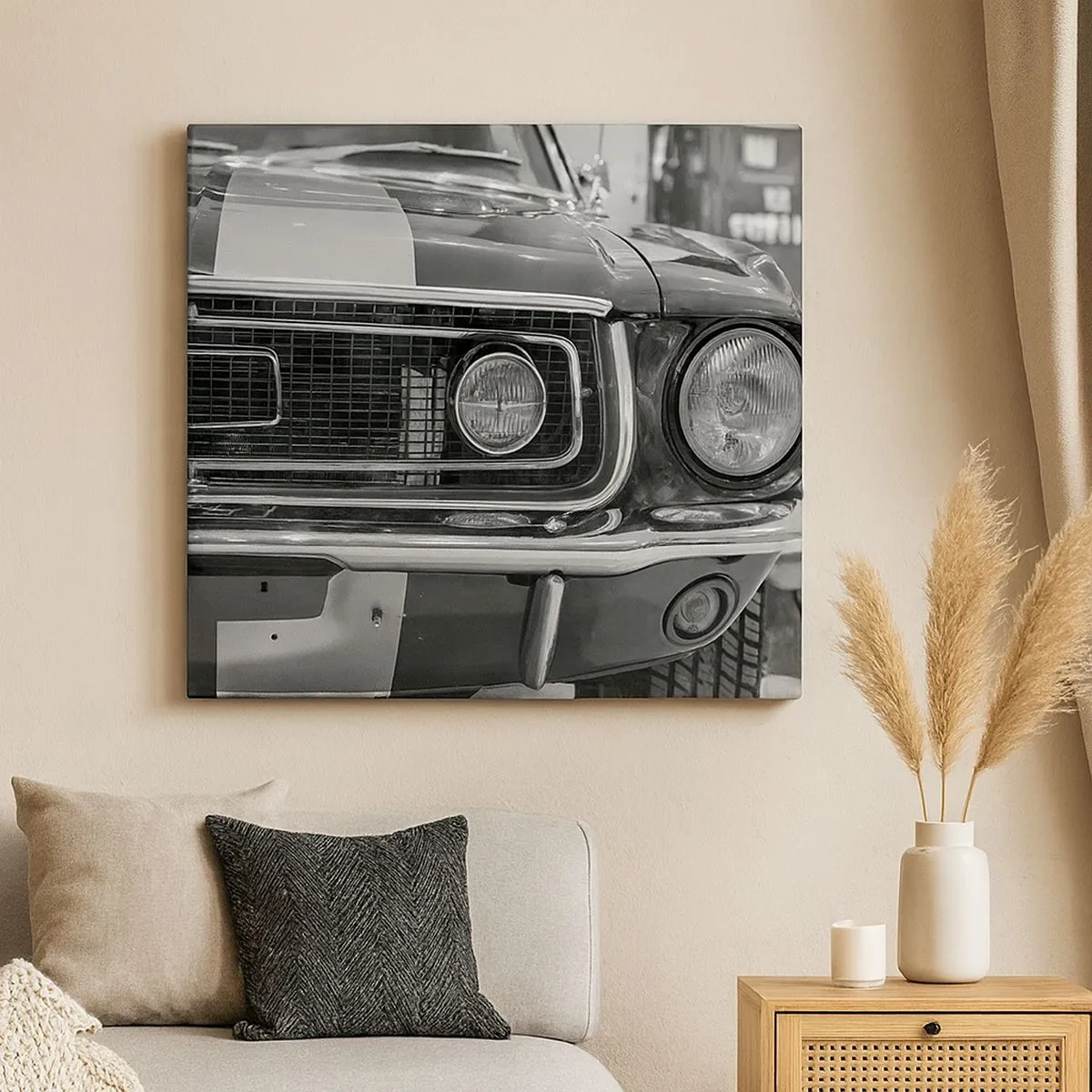 Canvastavla - Bild på duk - Svartvit motorhuv för klassisk bil - 70x50cm - Kör hårt - Modern väggdekoration för vardagsrum och sovrum ARTTOR